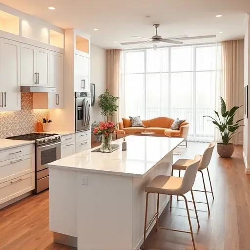 Renovated kitchen in Alexandria VA featuring white cabinetry, marble countertops, and stainless steel appliances.