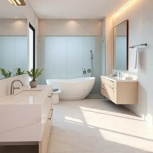 Renovated Germantown MD bathroom with white marble countertops, chrome fixtures, glass shower, soaking tub, and modern decor