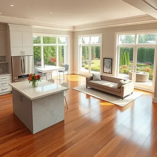 Stunning home remodeling in Greenbelt MD features elegant hardwood floors, modern kitchen, and landscaped garden views.