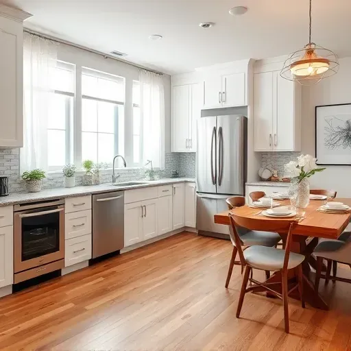 Modern kitchen remodel in Kensington MD with stainless steel appliances, granite countertops, and cozy wooden flooring.