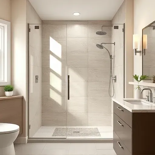 Renovated modern bathroom shower in Rockville Maryland with frameless glass doors, large porcelain tiles, natural stone accents and tasteful decor