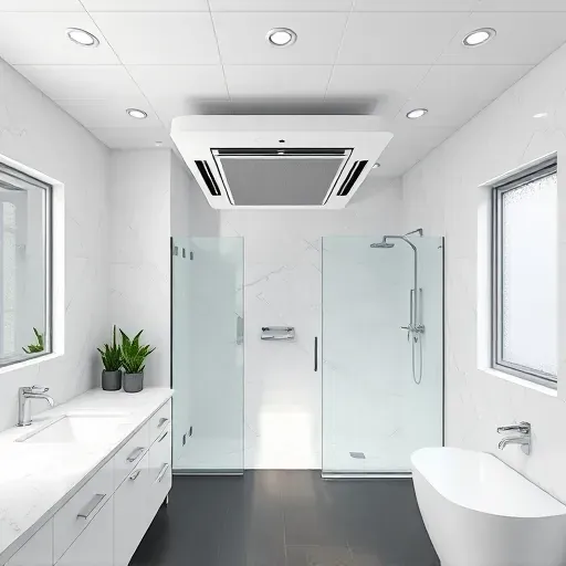 Modern bathroom with ceiling-mounted white exhaust fan, marble countertops, glass shower, chrome fixtures, and dark ceramic flooring