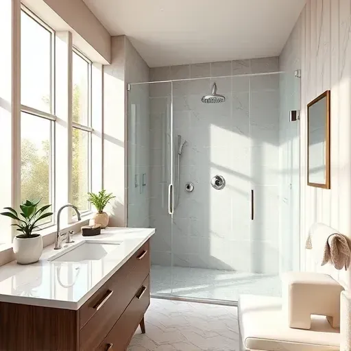 Remodeled Wheaton Maryland bathroom with modern fixtures, glass shower, marble vanity, natural lighting, and stylish decor