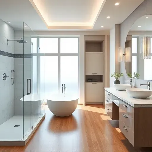 Modern bathroom remodel in Arlington VA with walk-in shower, freestanding bathtub, marble vanity, and warm neutral tones