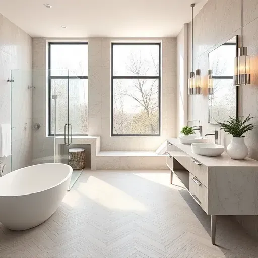 Modern minimalist bathroom in Rockville MD with glass shower, soaking tub, marble vanity, neutral tiles, and natural light