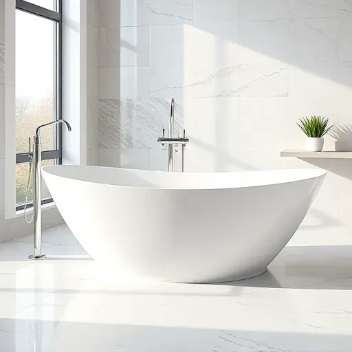 Luxury white freestanding bathtub in modern Rockville bathroom with marble floor chrome fixtures and styled tiles