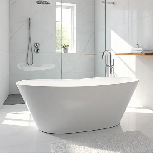 Freshly installed white porcelain bathtub in a modern bathroom with chrome fixtures, glass shower, marble walls, and natural lighting