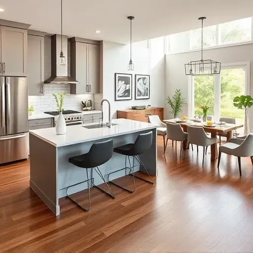 Modern kitchen remodel in Burtonsville MD with quartz island, high-end appliances, and stylish decor, inviting ambiance.