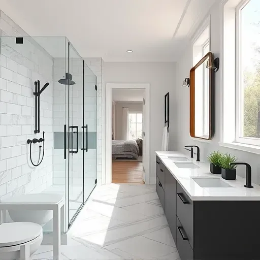 Beautiful renovated Kensington MD bathroom with modern fixtures, marble tiles, walk-in shower, and elegant neutral tones