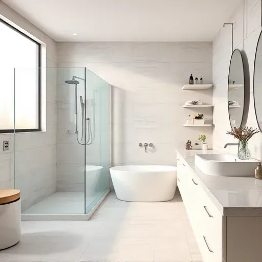 Renovated bathroom in Rockville MD with modern fixtures, walk-in shower, freestanding tub, marble countertops, and natural light.