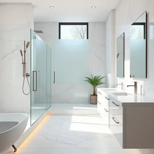 Remodeled Chevy Chase bathroom with modern fixtures, walk-in shower, marble tiles, floating vanity, natural lighting, and greenery