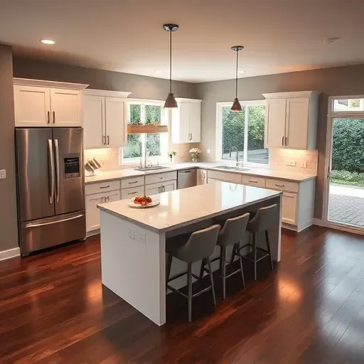 Completed home remodel in Wheaton MD, featuring a modern kitchen with white cabinetry, quartz countertops, and dark hardwood floors.
