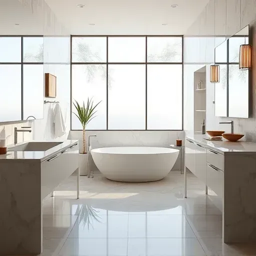 Beautiful remodeled Falls Church VA bathroom with modern fixtures, marble countertops, freestanding tub, and neutral tiled floors