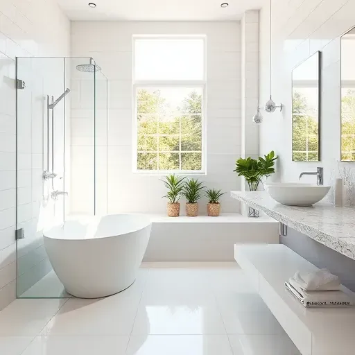 Modern renovated bathroom in Takoma Park Maryland with white tiles, glass shower, freestanding tub, granite vanity, and greenery