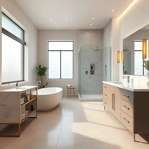 Modern bathroom remodel in Silver Spring MD featuring a freestanding tub, walk-in shower, double vanity, marble countertops, and elegant decor