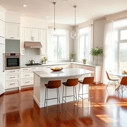 Modern kitchen remodel in Germantown, MD featuring polished granite, white cabinetry, hardwood flooring, and elegant lighting.