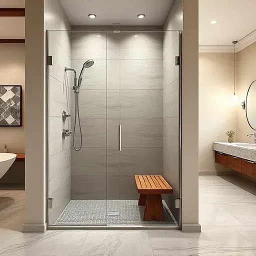 Modern high-end bathroom with a frameless glass shower, chrome fixtures, large porcelain tiles, and subtle LED lighting