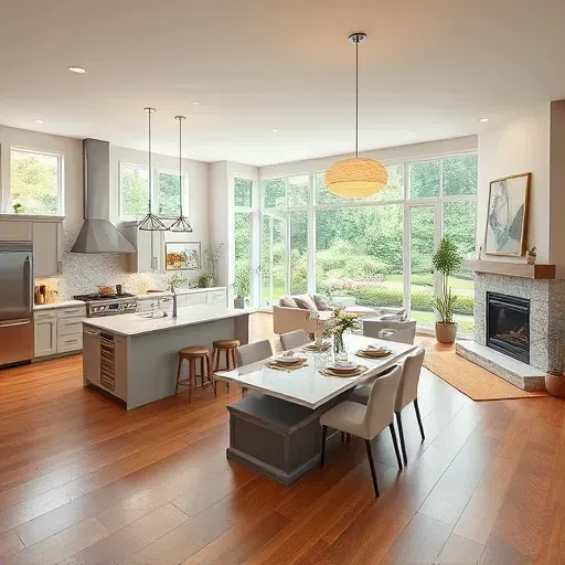 Completed home remodeling project in Bethesda MD showcasing an open-concept living area with modern and classic design elements.