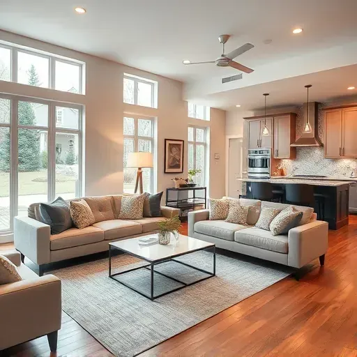 Contemporary Rockville MD living room with modern furniture, neutral tones, and an inviting open-concept kitchen.
