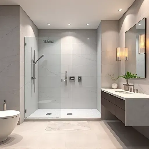 Remodeled Rockville MD modern walk-in shower with glass doors, sleek fixtures, neutral tiles, and luxury bathroom details