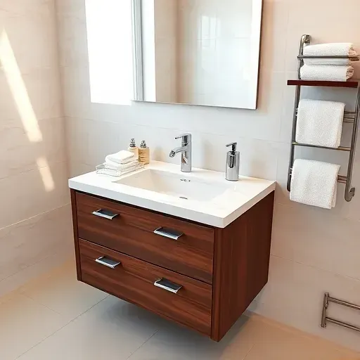 Modern bathroom vanity with marble countertop, dark wood cabinets, LED mirror, chrome faucet, and light porcelain tiles