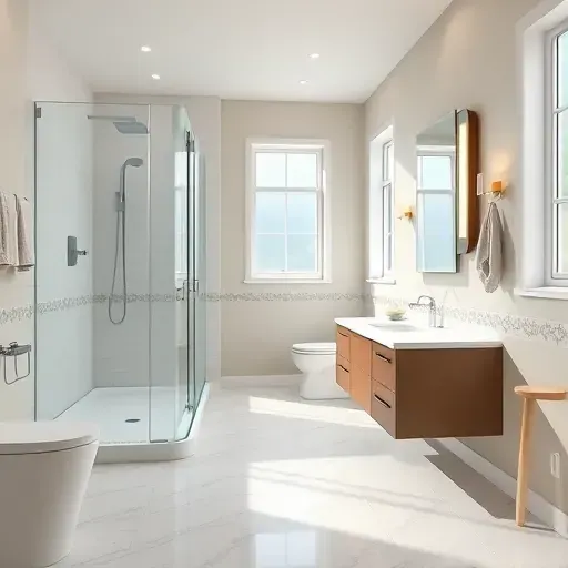 Renovated bathroom in Rockville MD featuring modern fixtures, glass shower, quartz vanity, and natural lighting.
