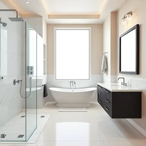 Modern remodeled bathroom in Fort Washington MD with walk-in shower, freestanding tub, quartz vanity, marble tiles, and soft lighting