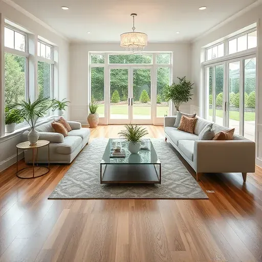 Bright and spacious living room in Vienna VA with modern design, elegant hardwood floors, and lush greenery accents.