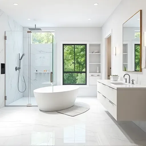 Remodeled Springfield VA bathroom with white marble tiles, soaking tub, walk-in shower, quartz vanity, LED mirror, lush green view