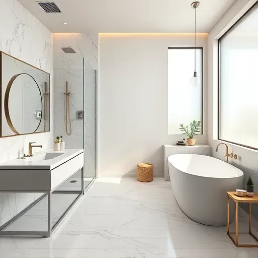 Renovated McLean VA bathroom with walk-in shower, marble tiles, floating vanity, soaking tub, and ambient lighting