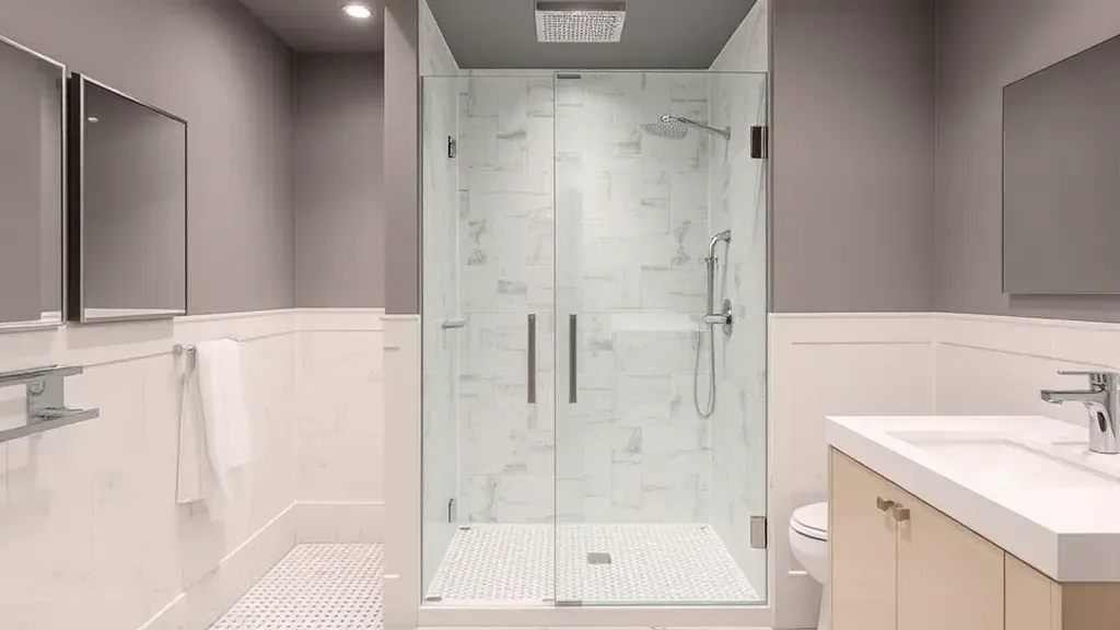 Shower remodeling project showcasing modern design in Rockville MD with stylish tiles and fixtures.