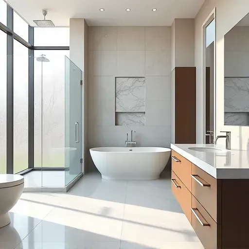 Renovated Olney Maryland bathroom with modern chrome fixtures, glass shower, marble vanity, and neutral tones.