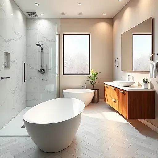 Remodeled bathroom in Reston VA with modern design, walk-in shower, freestanding tub, and elegant finishes.