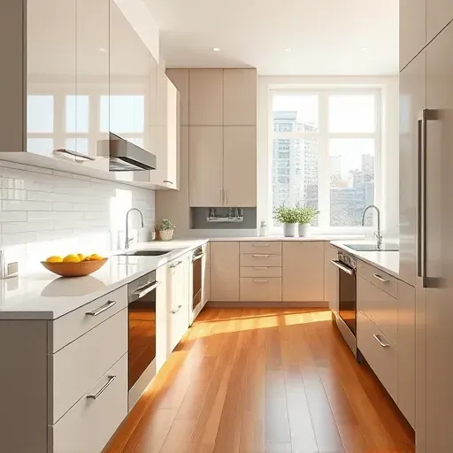 Renovated modern kitchen in Rockville MD with sleek cabinetry, stainless steel appliances, marble countertops, and hardwood floors