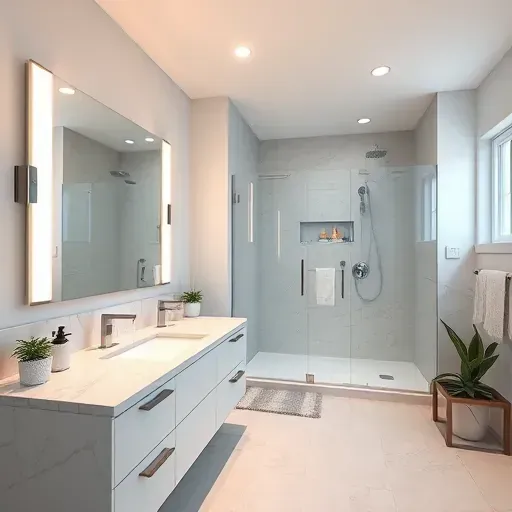 Bright modern bathroom with energy-efficient LED lighting, sleek marble countertops, walk-in glass shower, and elegant decor