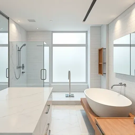 Modern Brookeville bathroom with marble countertops walk-in shower subway tiles soaking tub natural light neutral palette