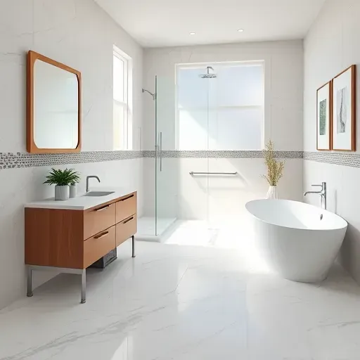 Remodeled bathroom in Rockville, MD features marble flooring, modern fixtures, glass shower, freestanding tub, and cozy ambiance.