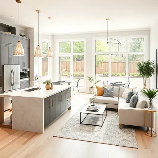 Modern kitchen and living area in Chevy Chase MD, featuring sleek cabinetry, quartz island, and natural light.