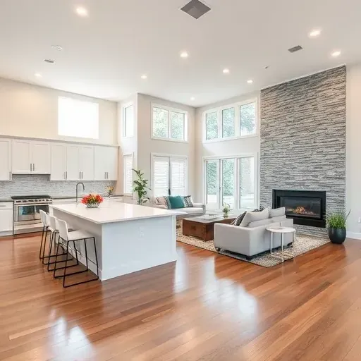 Modern living room in remodeled Travilah MD home with high ceilings, quartz island kitchen, and elegant furnishings.