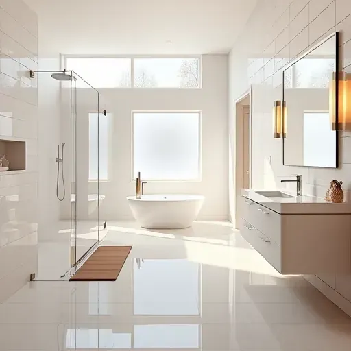 Remodeled modern bathroom in College Park MD with walk-in glass shower, freestanding tub, sleek vanity, neutral tones and elegant finishes