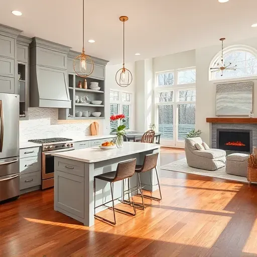 Completed home remodel in Fort Washington MD featuring modern kitchen with gray cabinetry marble countertops and stylish lighting.