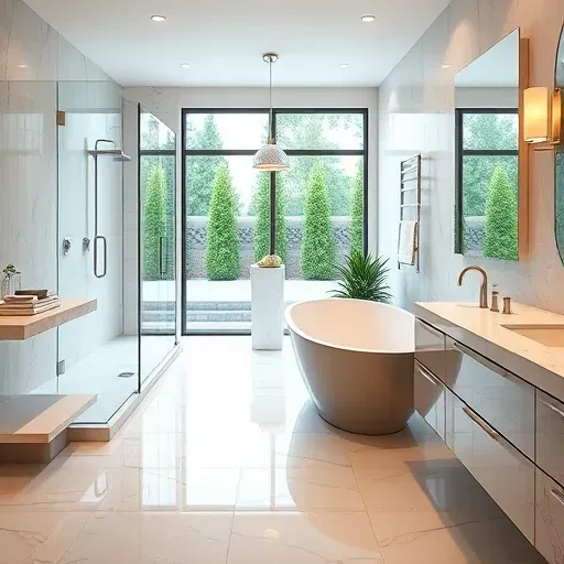Elegant modern bathroom in Tysons VA with marble countertops, sleek fixtures, large windows, and lush greenery view
