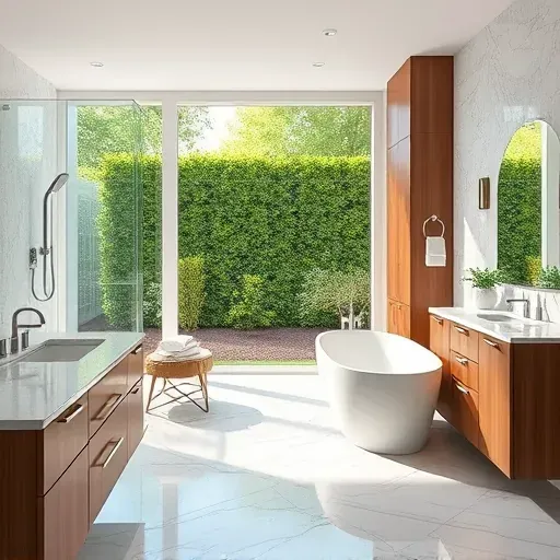 Modern Rockville MD bathroom with sleek fixtures, spacious glass shower, soaking tub, marble countertops, and natural light.
