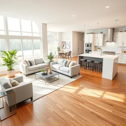 Completed home remodeling in Travilah, MD featuring open concept living room, hardwood floors, and modern kitchen design.