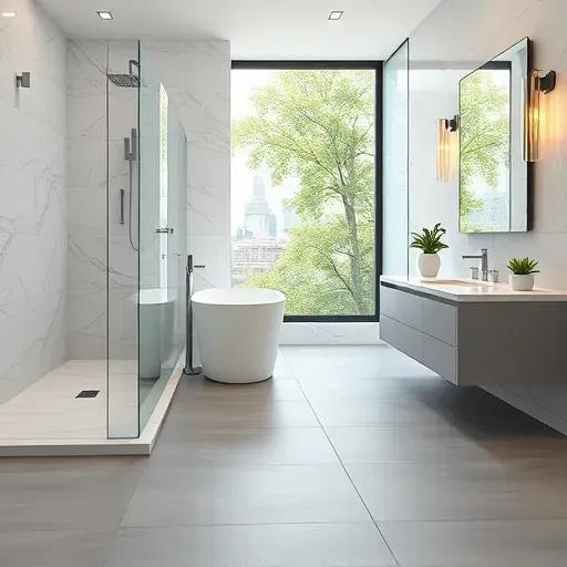Renovated bathroom in Washington DC with modern design, featuring a shower, freestanding tub, and floating vanity.