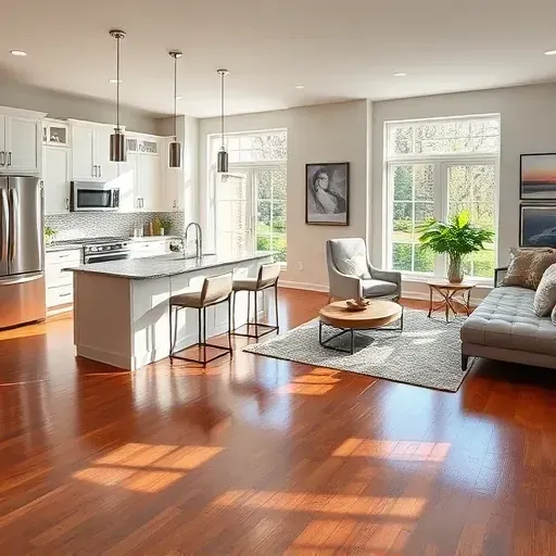 Modern kitchen and living area in Rockville MD featuring white cabinetry, granite island, and elegant decor.