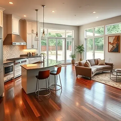 Modern kitchen in Laurel MD showcases high-end appliances, elegant cabinetry, cozy living area, and natural light.