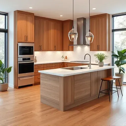 Recently remodeled Rockville MD kitchen with sleek cabinetry stainless appliances granite island modern lighting and hardwood floors