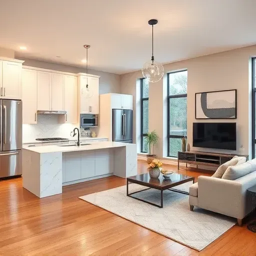 Modern Potomac MD kitchen and living area combines elegance and functionality with sleek finishes and warm lighting.