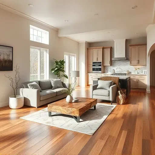 Modern living room in Darnestown MD featuring hardwood floors, large windows, and elegant decor with a sleek kitchen backdrop.
